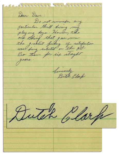 HOFer Earl ''Dutch'' Clark Autograph Letter Signed -- ''...the greatest feeling of satisfaction was being selected on the all-pro team for six straight years...'' -- With PSA/DNA COA