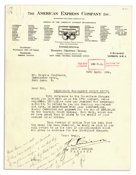 Douglas Fairbanks, Sr. Lot of Signed Checks & Bank Correspondence From 1936
