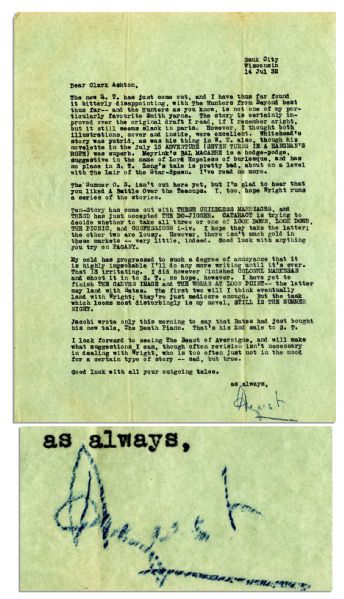 August Derleth Letter Signed -- ''...The task which looms most disturbingly is my novel, STILL IS THE SUMMER NIGHT...'' -- 1932