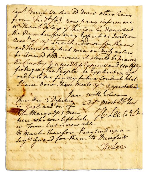 Henry Lee's Urgent Revolutionary War Dated Autograph Letter Twice-Signed -- ''...but sir what are we to do for arms?...The arms we had were sent down with our last detachmt. to Wmsbg...''