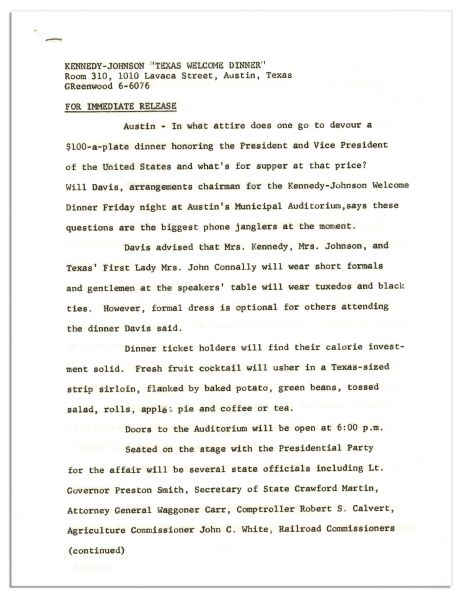 Press Kit for the JFK Texas Welcome Dinner Scheduled for the Night of His Assassination