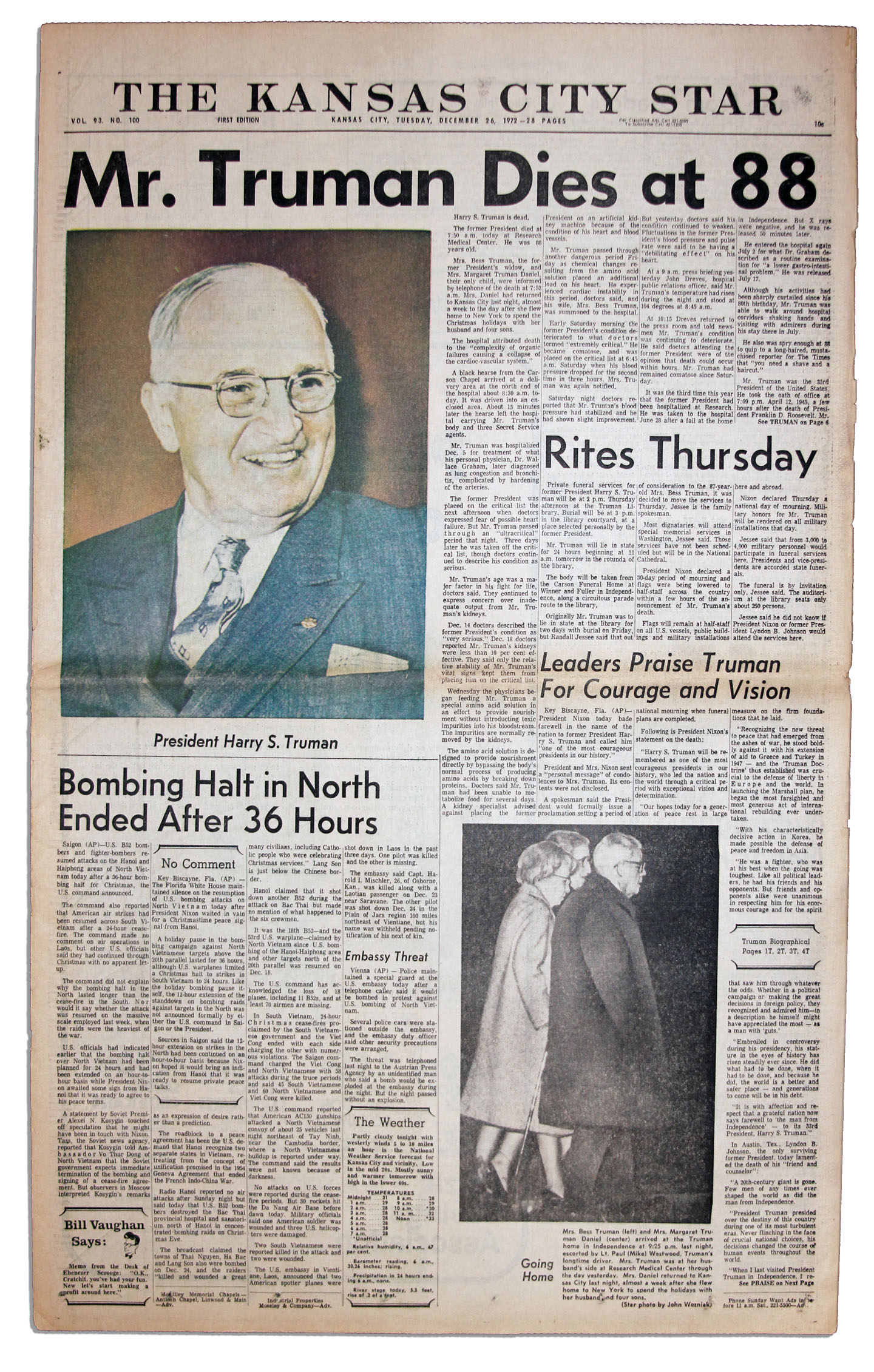 Lot Detail Harry Truman S Death Announced In The Kansas City Star Newspaper