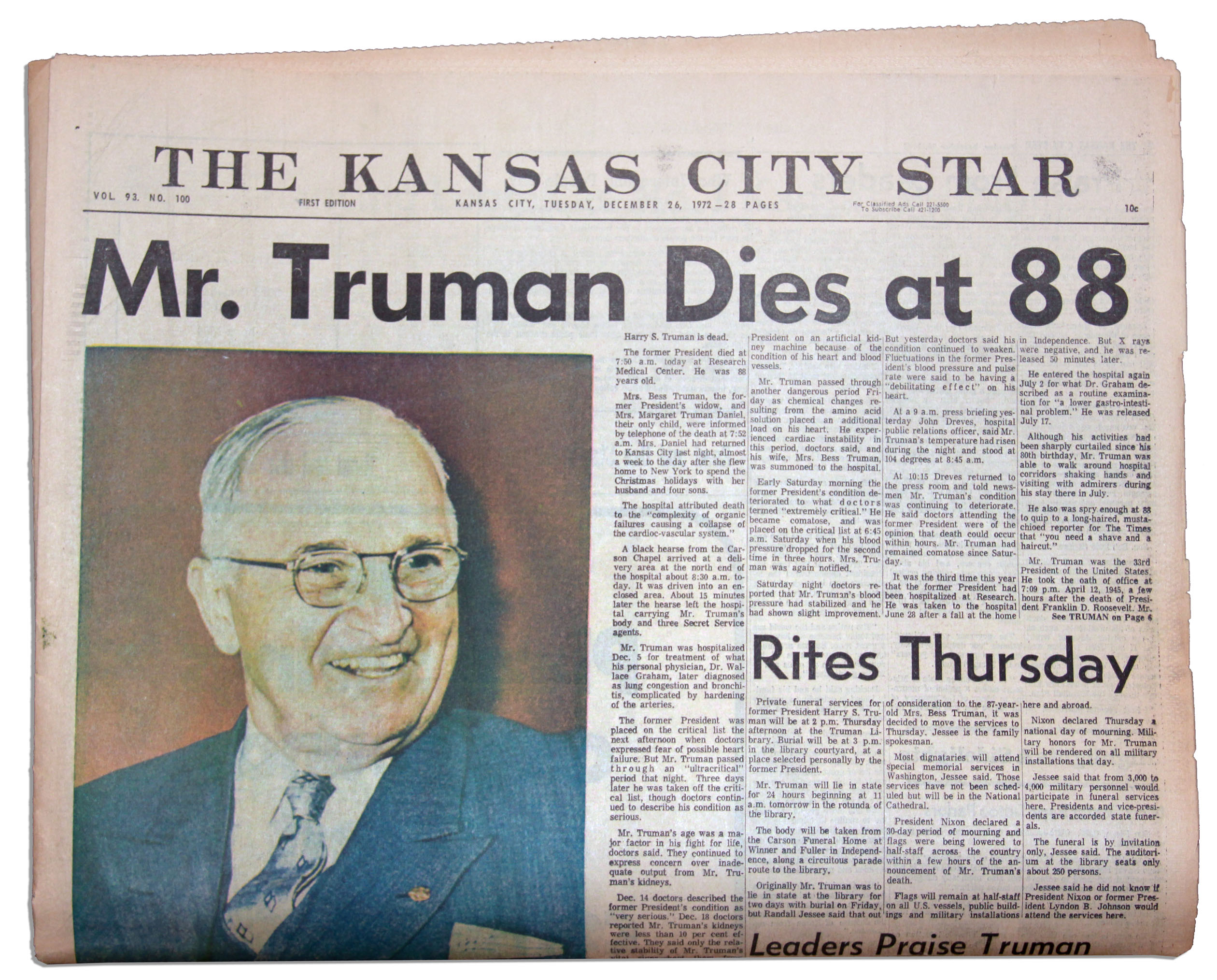 Lot Detail - Harry Truman's Death Announced in ''The Kansas City Star'' Newspaper