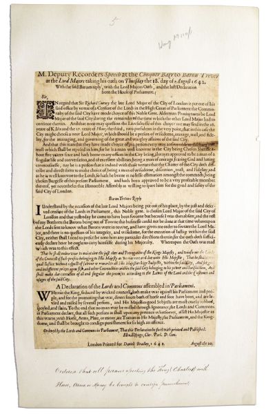 Charles I English Civil War Broadside -- ''...Whereas the King, seduced by wicked councell, doth make war against his Parliament and people...'' -- 1642
