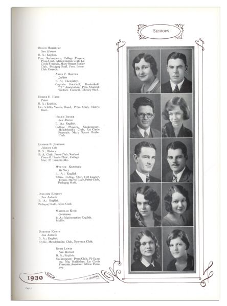 Lyndon B. Johnson's 1930 Senior Year College Yearbook -- With Four Photos of the Future President in Various Clubs