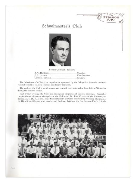 Lyndon B. Johnson's 1930 Senior Year College Yearbook -- With Four Photos of the Future President in Various Clubs