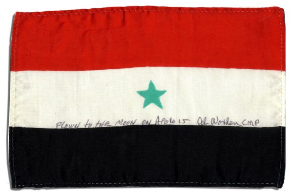 Apollo 15 Flown 6'' x 4'' North Yemen Flag, (Yemen Arab Republic, 1962-1990) -- Signed & Inscribed ''Flown to the Moon on Apollo 15'' by Astronaut Al Worden -- Near Fine -- With COA by Worden