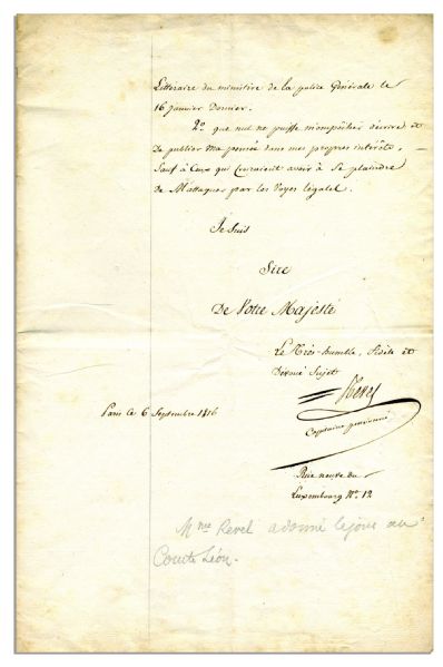 Impassioned Letter Signed by Captain Revel to King Louis XVIII, Declaring Napoleon Raped His Wife: ''... the Usurper...made her his mistress...'' -- This Mistress Gave Napoleon His First Son