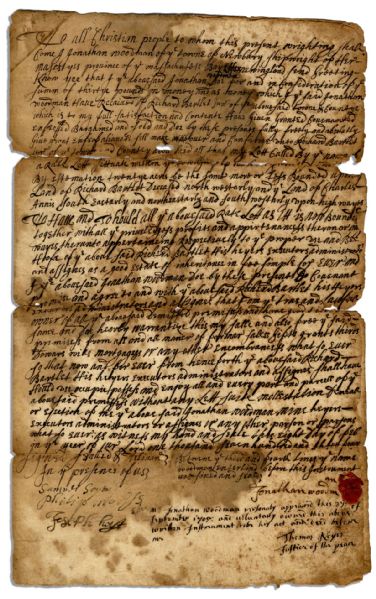 Salem Witch Trials Participant, Stephen Sewall 1705 Document Signed -- Clerk for the Infamous Court That Conducted the Trials