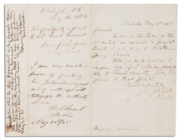 Civil War Document Signed by Generals Johnston and Grant, & War Secretary Stanton -- Johnston Negotiates His Parole Terms After Surrendering & Grant Agrees, ''...I am very much in favor...''