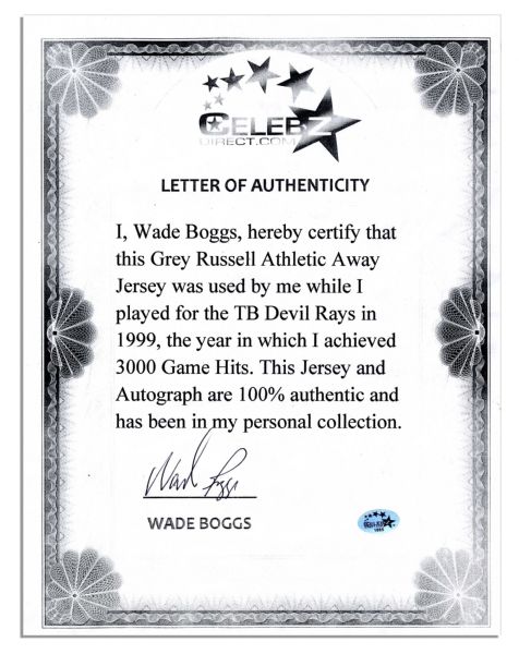 Wade Boggs Signed Game-Used Devil Rays Away Jersey -- From His 3,000 Hit Season -- With an LOA From Boggs