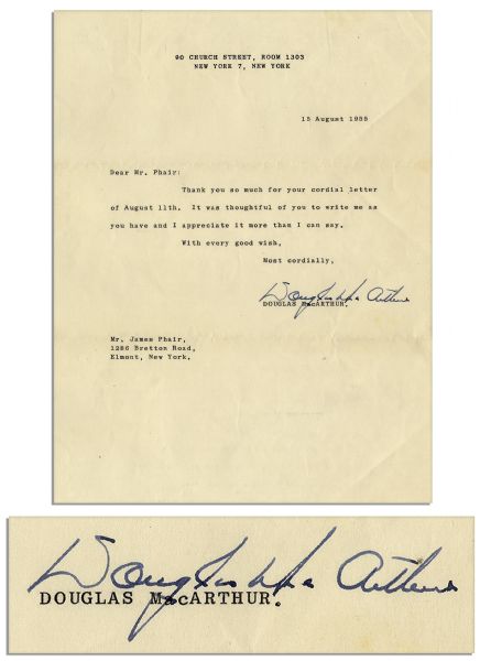 Douglas MacArthur Typed Letter Signed -- ''...It was thoughtful of you to write me as you have and I appreciate it more than I can say...''