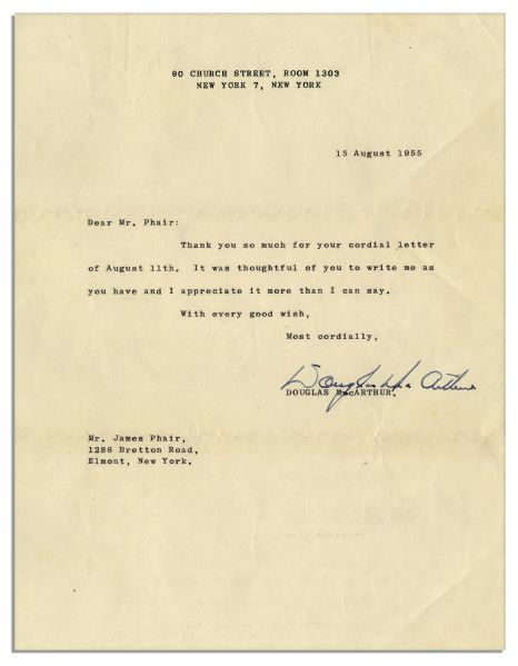 Douglas MacArthur Typed Letter Signed -- ''...It was thoughtful of you to write me as you have and I appreciate it more than I can say...''