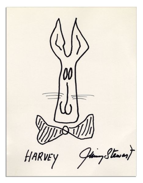 Jimmy Stewart Signed 8'' x 10'' Sketch of Harvey -- Fine