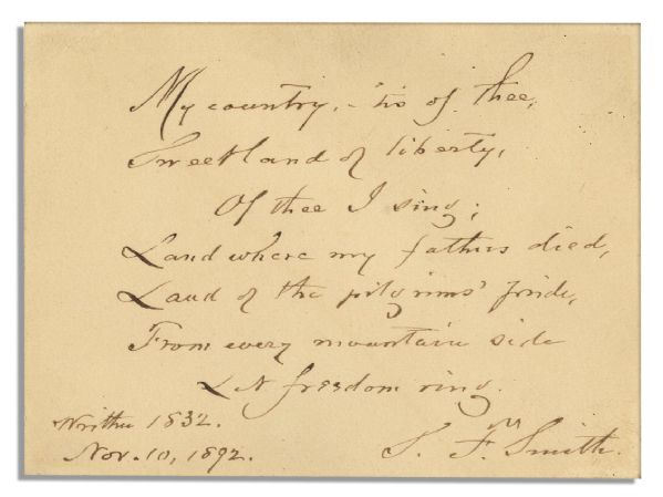 Samuel Francis Smith Signed First Stanza of ''America''