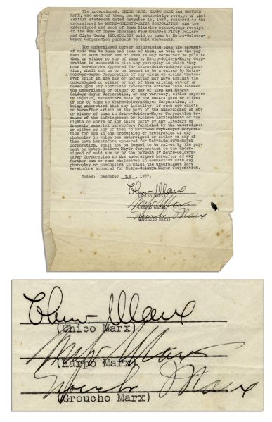 Marx Brothers Signed MGM Contract -- Signed By Chico, Harpo & Groucho -- With PSA/COA for All Three Signatures