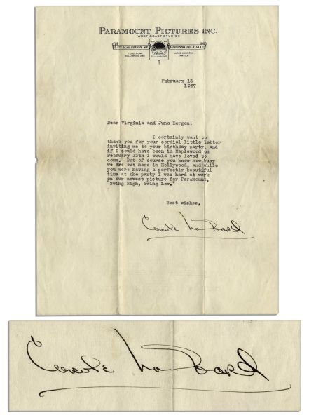 Carole Lombard Typed Letter Signed on Paramount Pictures Stationery -- ''...I was hard at work on our newest picture for Paramount, 'Swing High, Swing Low'...''