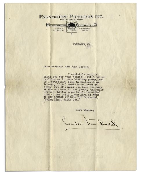 Carole Lombard Typed Letter Signed on Paramount Pictures Stationery -- ''...I was hard at work on our newest picture for Paramount, 'Swing High, Swing Low'...''