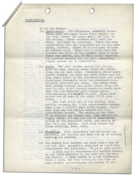 Fascinating & Confidential Navy Letter Documenting First-Hand Account on the USS California at Pearl Harbor -- ''...several men were hit by 27 caliber machine gun bullets...''