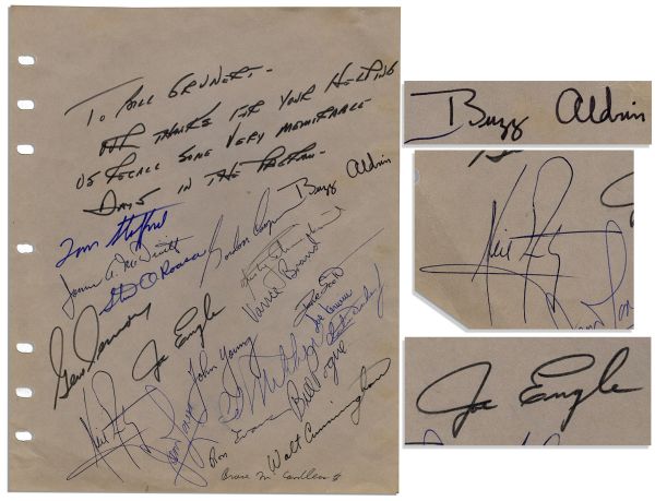 Page Signed by a Multitude of Astronauts Including Neil Armstrong, Buzz Aldrin, Charlie Duke & More -- With 20 Signatures in Total
