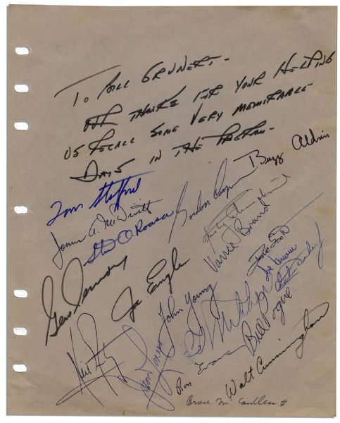 Page Signed by a Multitude of Astronauts Including Neil Armstrong, Buzz Aldrin, Charlie Duke & More -- With 20 Signatures in Total