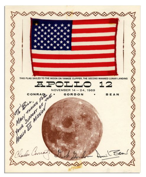 Apollo 12 Space-Flown American Flag -- Mounted to a Certificate Signed by the Entire Crew
