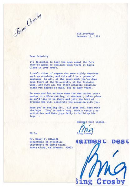 Bing Crosby Typed Letter Signed From 1973 -- ''...All goes well here with the boys. They're quite busy, with a variety of activities...''