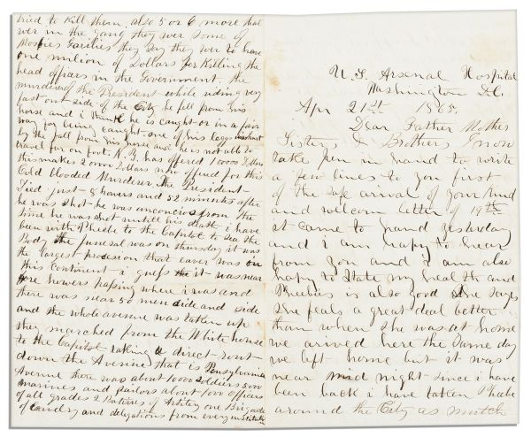 Four 1865 Letters by a Soldier at the Washington Arsenal, Where the Lincoln Conspirators Were Held -- ''...Ms. Surratt is very sick in Prison here...they...have been sentanced to be hung...''