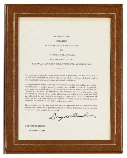 Dwight D. Eisenhower Rare Document Signed as President -- Signed on the Day That the National Advisory Committee for Aeronautics Was Absorbed Into NASA