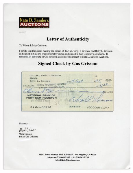 Gus Grissom Check Signed