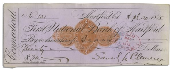 Rare Mark Twain 1875 Personal Check Signed ''Samuel L. Clemens'' -- A Year Later He Would Publish ''The Adventures of Tom Sawyer'' 