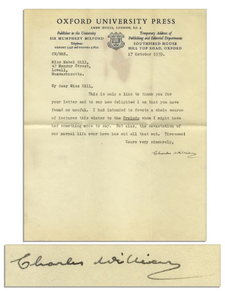 British Author & ''Inkling'', Charles Williams Letter Signed in 1939 England -- ''...the devastation of our normal life over here has cut all that out...''