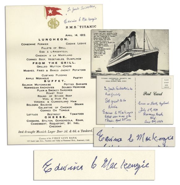 Titanic Survivor Edwina MacKenzie Trio of a Signed Post Card, Signed Menu and Signed Flyer -- ''...It's great to be Alive...''