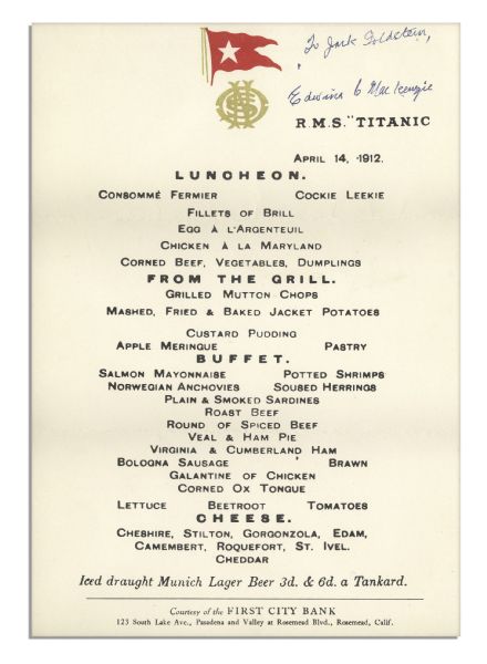 Titanic Survivor Edwina MacKenzie Trio of a Signed Post Card, Signed Menu and Signed Flyer -- ''...It's great to be Alive...''
