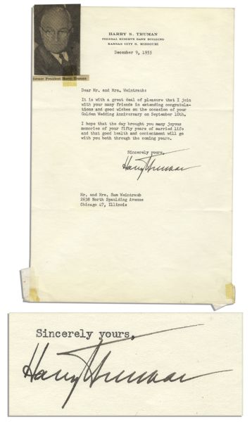 Harry S. Truman Typed Letter Signed from 1955 -- ''...good wishes on the occasion of your Golden Wedding Anniversary...''