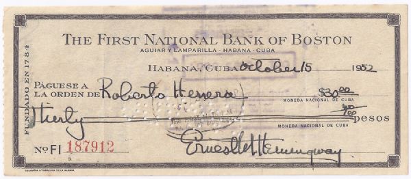 Ernest Hemingway Signed Check From 1952 -- To Longtime Friend & Manager of His Property in Cuba