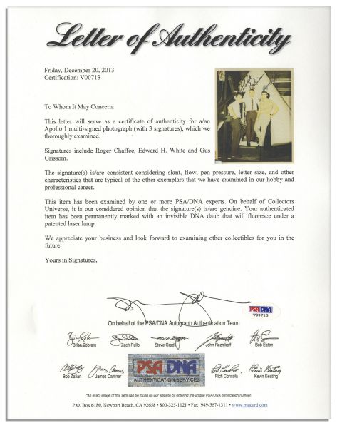 Apollo 1 Astronaut Crew Signed 8'' x 10'' Photo -- With PSA/DNA COA -- Signed by Ed White, Gus Grissom & Roger Chaffee