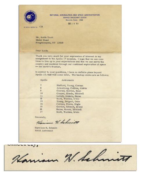1971 Letter Signed by Harrison Schmitt -- ''...the Apollo 17 mission. I hope that we can...serve the country and mankind through our continued exploration of space -- the earth's frontier...''