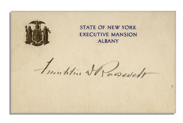 Nice Franklin D. Roosevelt Signature as Governor of New York in 1930 -- Upon a State of New York Executive Mansion Card
