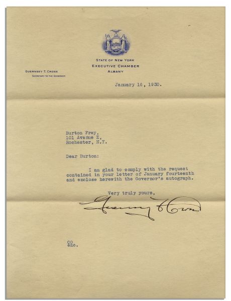 Nice Franklin D. Roosevelt Signature as Governor of New York in 1930 -- Upon a State of New York Executive Mansion Card