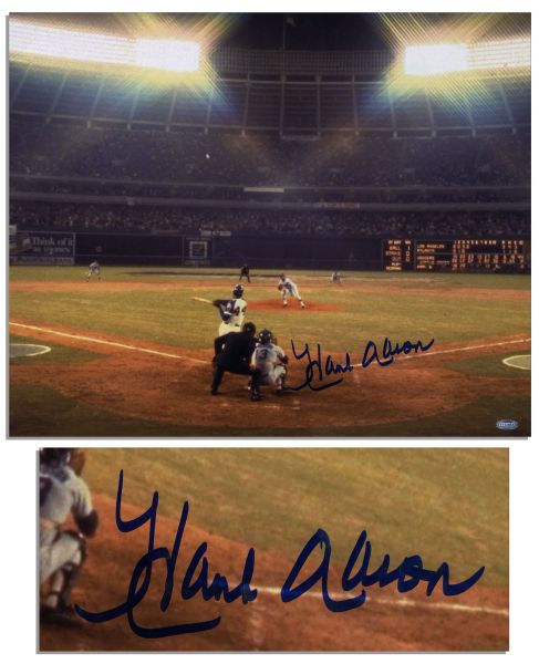 Large ''Hammerin' Hank'' Aaron Signed Photo Measuring 20'' x 16'' -- Depicting His 715th Home Run