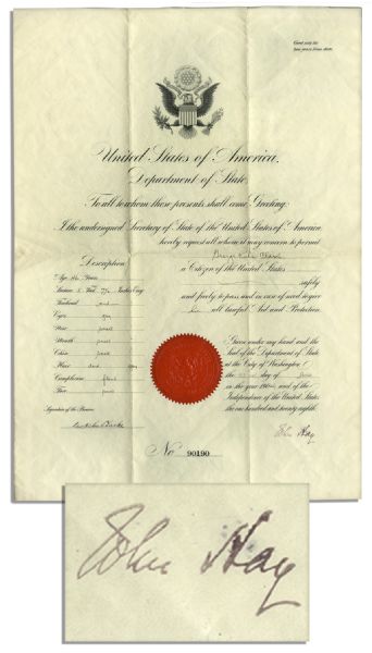 John Hay Document Signed in Superb Condition -- Hay Served Under Both Abraham Lincoln & Theodore Roosevelt