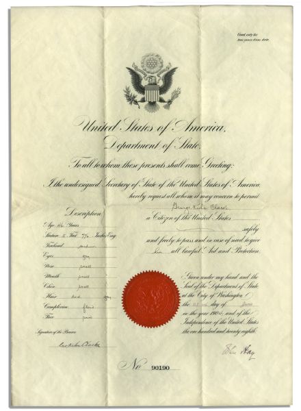 John Hay Document Signed in Superb Condition -- Hay Served Under Both Abraham Lincoln & Theodore Roosevelt