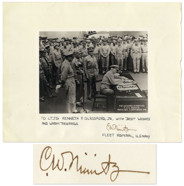 Admiral Nimitz 14'' x 11'' Signed Photo of the Japanese Surrender -- Near Fine