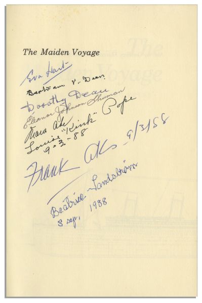Rare First Edition of Geoffrey Marcus' Titanic Book, ''The Maiden Voyage'' -- Signed by Six Survivors: Sandstrom, Hart, Dean, Shuman, Pope & Aks