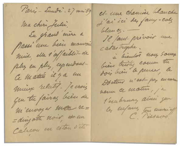 French Painter Camille Pissarro Autograph Letter Signed -- ''...We are in for a disaster. We'll soon be very sad, as you must realize...'' -- With JSA COA
