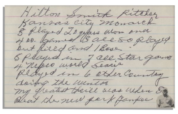 HOFer Hilton Smith Handwritten Biography Signed -- ''...My greatest thrill was when I beat the New York Yankee...''