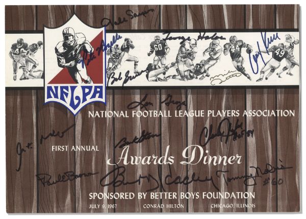 Program From the First Annual NFL Player Awards Dinner With 13 Signatures -- Pete Rozelle, Gale Sayers, Paul Brown, Bart Starr, Charley Taylor, Mike Ditka & George Halas -- With PSA/DNA COA
