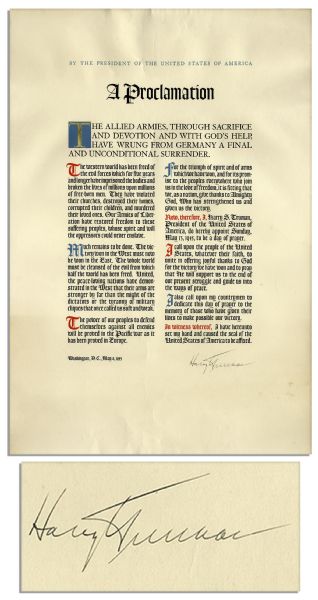 Exceptionally Scarce Harry Truman WWII Victory Proclamation Signed as President -- Gifted to White House Staff in 1945 -- in Seldom-Encountered Near Fine Condition