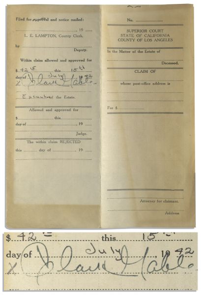 Clark Gable Document Signed as Executor of Carole Lombard's Estate
